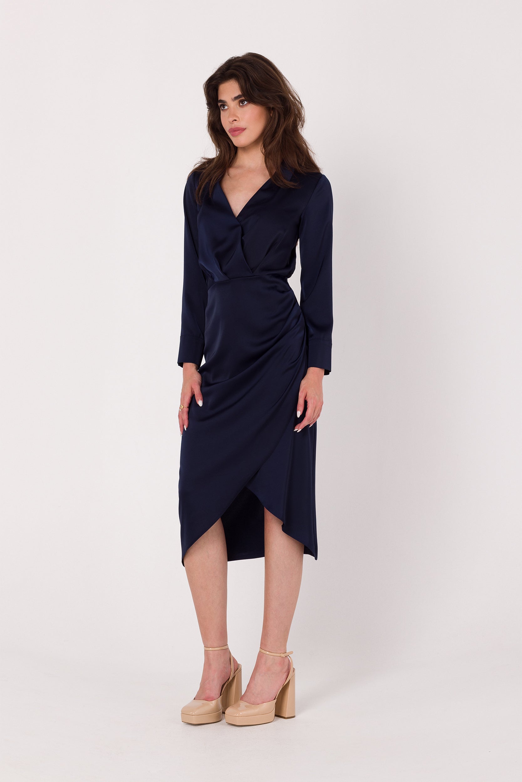 Asymmetric Midi Night Blue Satin Dress | Strictly In | Dance into the night with our Asymmetric Midi Satin Dress. Crafted from luxurious satin, its unique design adds flair to your party ensemble. Discover a fresh take on festive fashion.