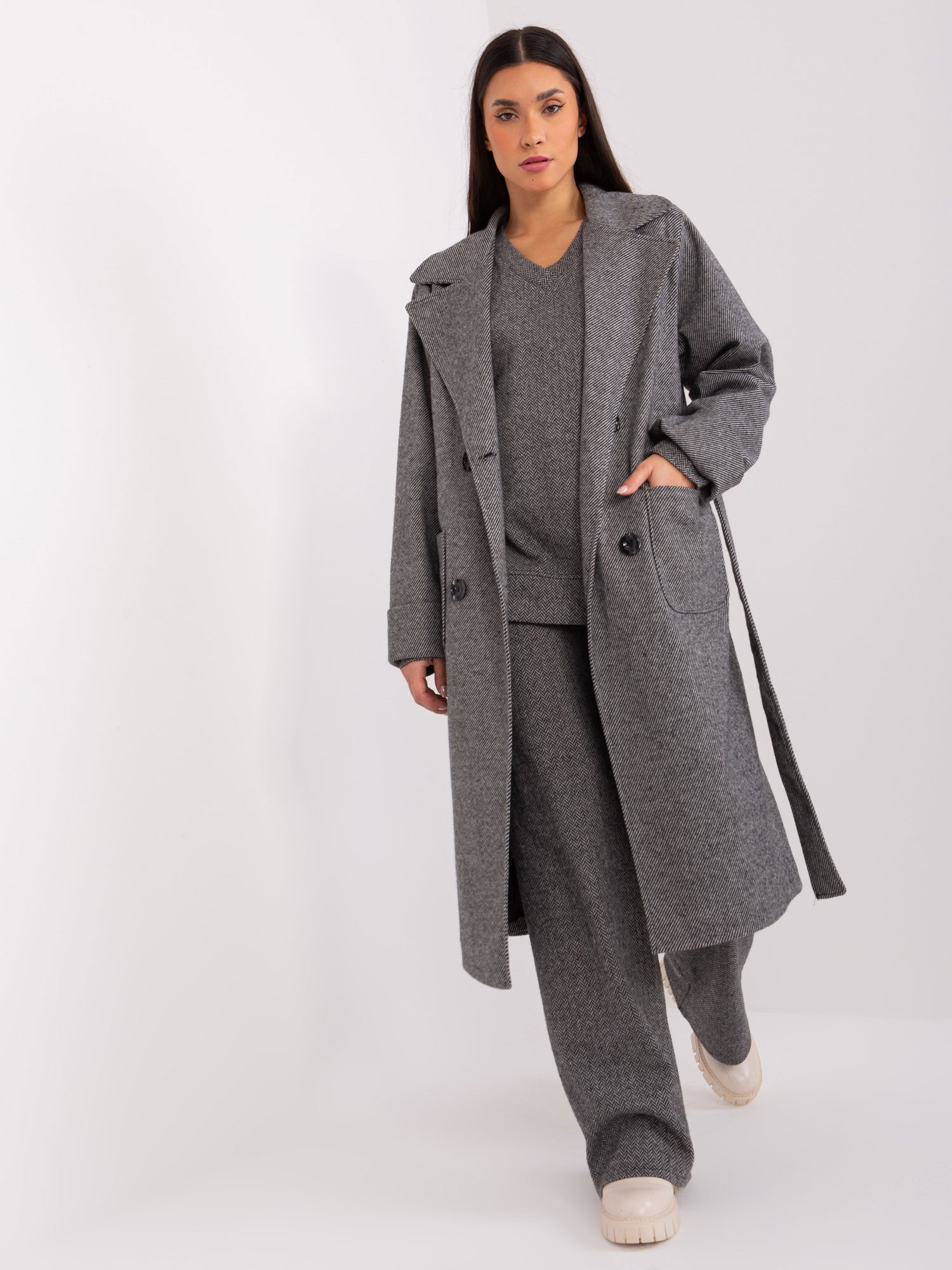 Belted Coat Grey Transitional Striped