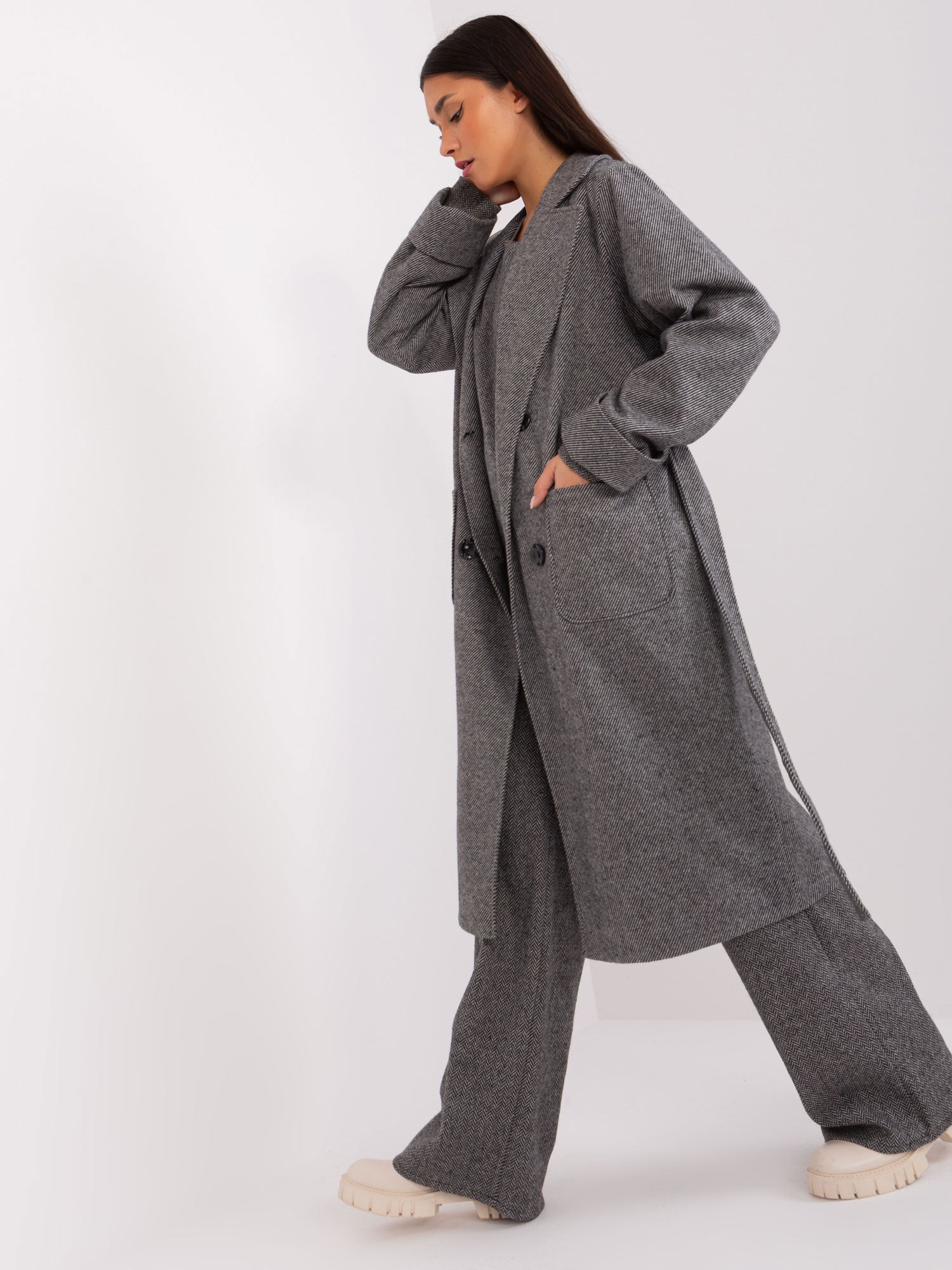 Belted Coat Grey Transitional Striped