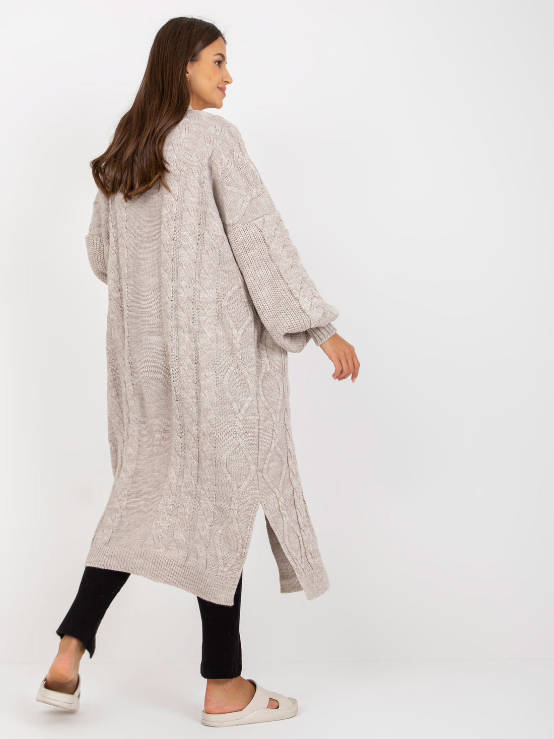 Cable Knit Long Cardigan with Puff Sleeves