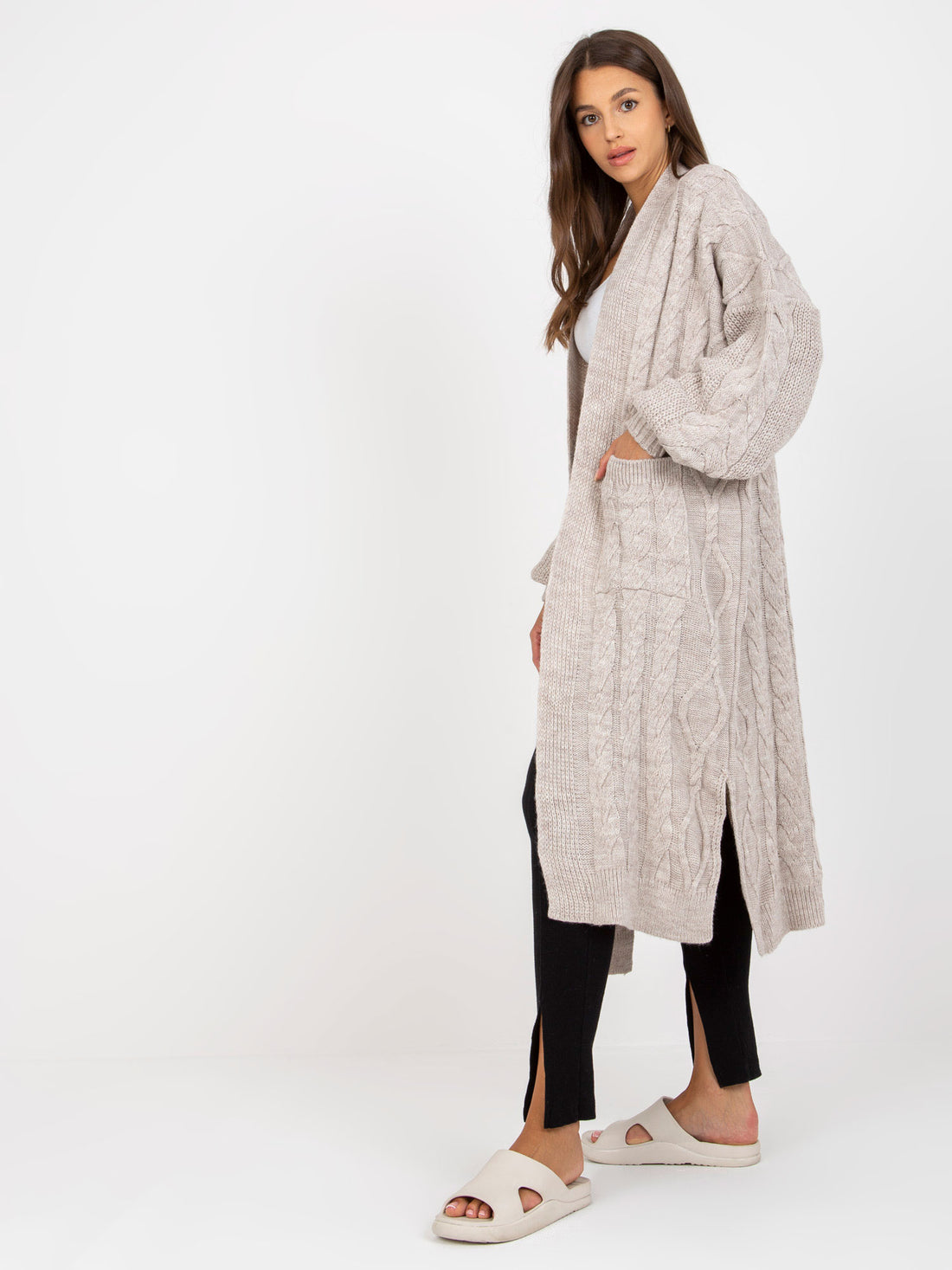 Cable Knit Long Cardigan with Puff Sleeves