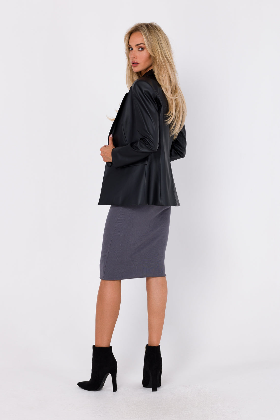Stylish Faux Leather Black Blazer - Sustainable Elegance | Strictly In