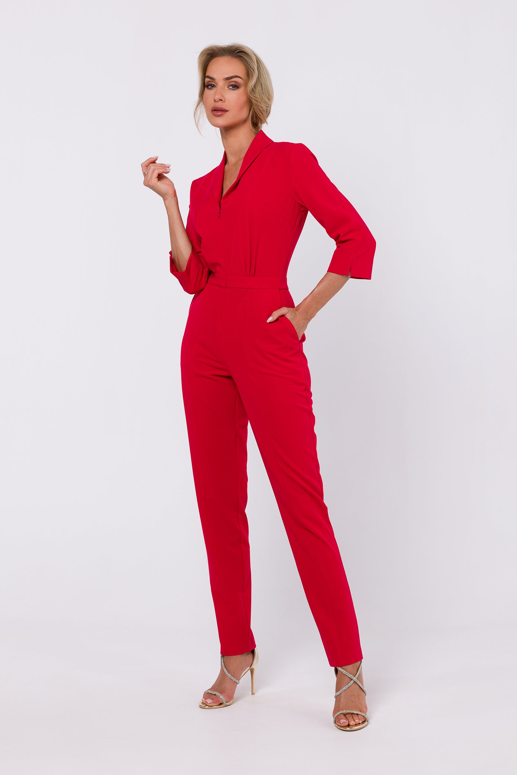 Front-Zip Jumpsuit Day-to-Night | Strictly In | Elevate your wardrobe with our woven fabric jumpsuit, boasting a turned-over collar, front zipper, and 3/4 sleeves with slits. Perfect for conquering both business and dinner plans in style.