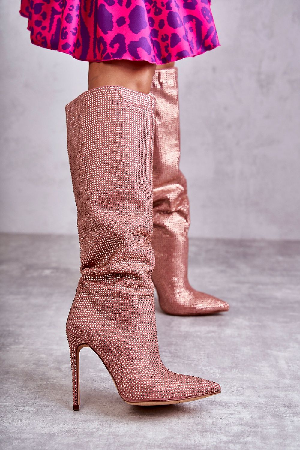 High Heel Knee High Boots Rhinestone Pink