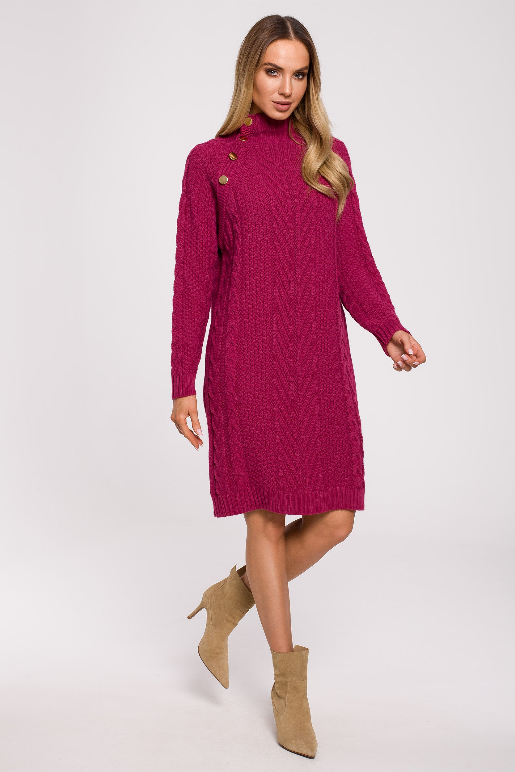High Neck Knit Sweater Dress | Strictly In | Embrace winter with our elegant High Neck Knit Sweater Dress. Featuring a high neck adorned with golden buttons, this cozy knit dress seamlessly combines style and comfort for a sophisticated look during the cold season.
