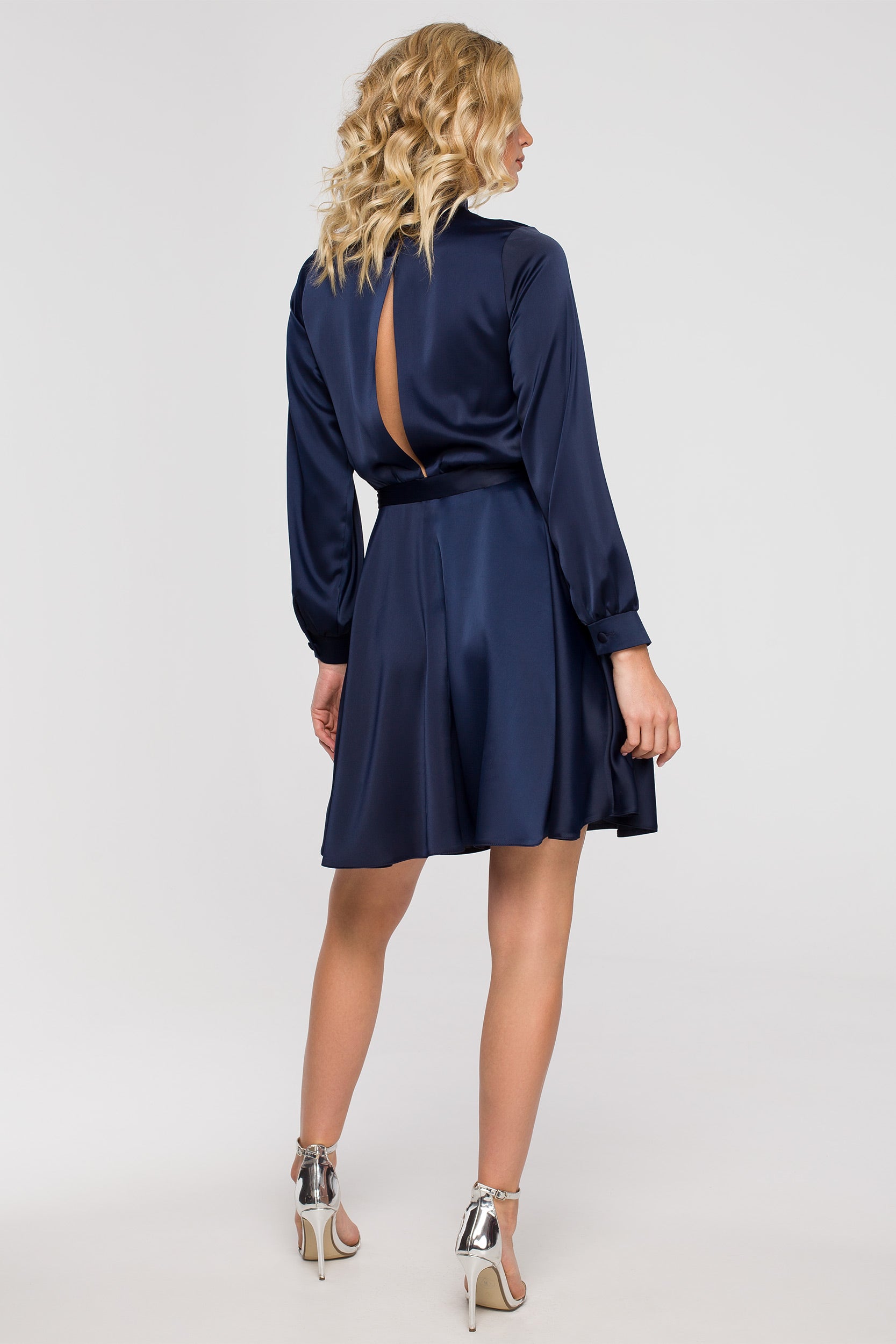 High-Neck Night Blue Satin Mini Dress | Strictly In | Make a statement in our versatile mini dress with a high neck, flared cut, and bishop sleeves. Perfect for turning heads at festive gatherings.