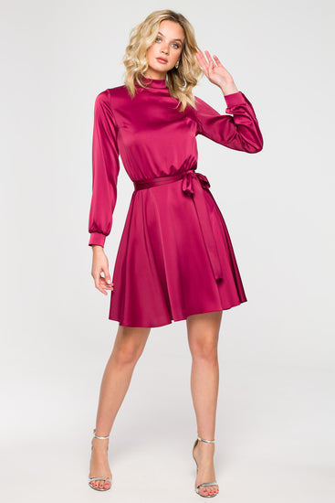 High-Neck Raspberry Red Satin Mini Dress | Strictly In | Make a statement in our versatile mini dress with a high neck, flared cut, and bishop sleeves. Perfect for turning heads at festive gatherings.