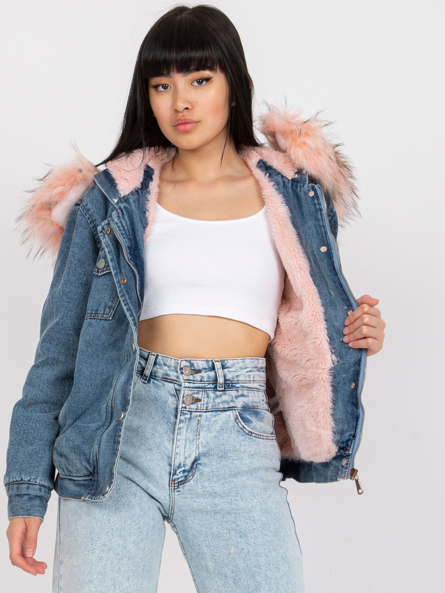 Jeans Jacket with Fur and Hood