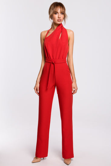 Our women's jumpsuit with pockets is the pinnacle of fashion and utility. This exquisite jumpsuit, which has a captivating open-back design and a subtly asymmetric neck halter neckline with a stylish cut-out detail, expertly combines simplicity and elegance.