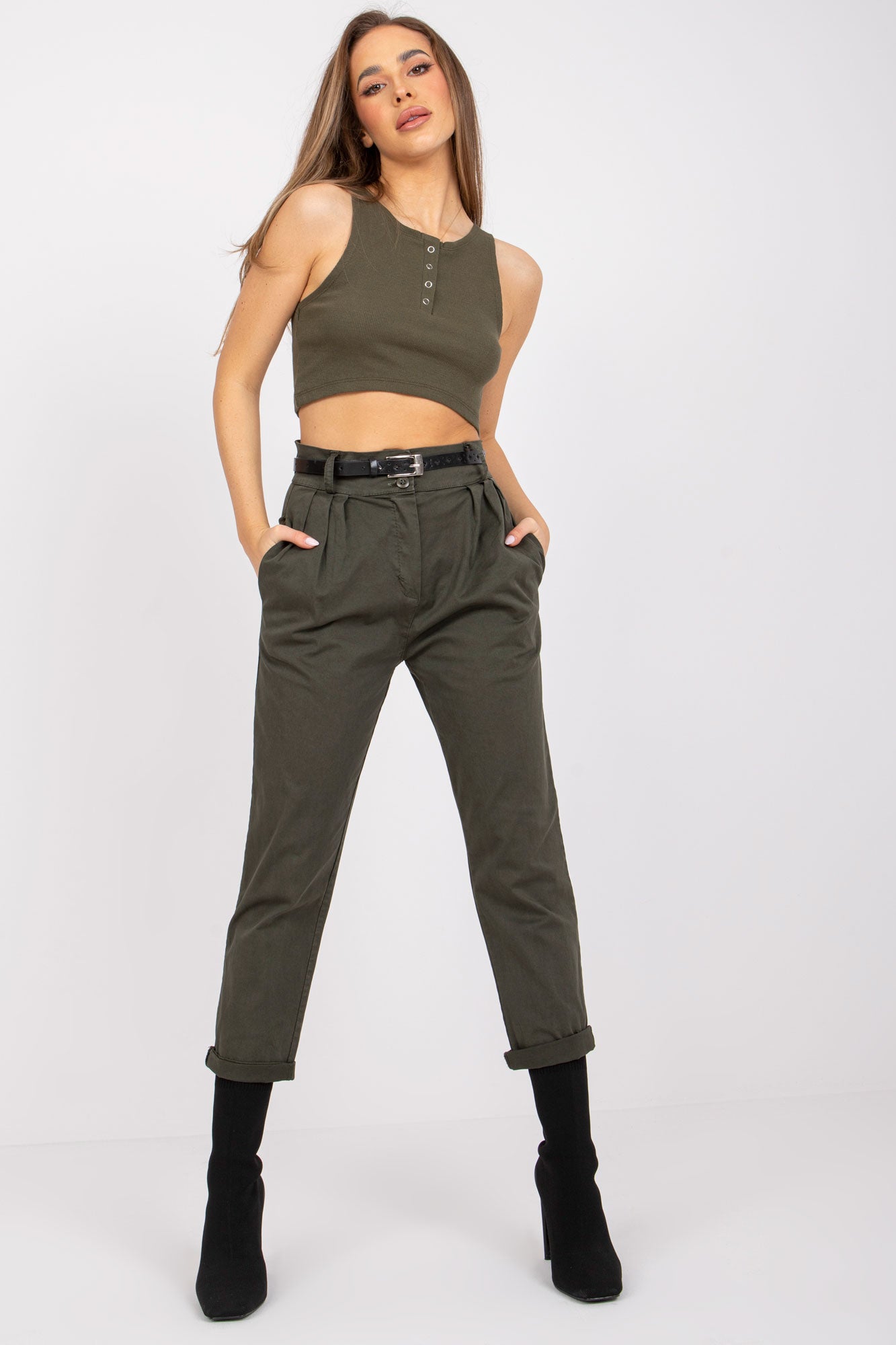 Discover timeless style with our Khaki Pleated Trousers with Belt. These trousers offer a classic pleated design and include a coordinating belt for a personalized fit. With trendy turned-up cuffs, they blend classic and contemporary fashion seamlessly. Upgrade your wardrobe with this versatile choice today.