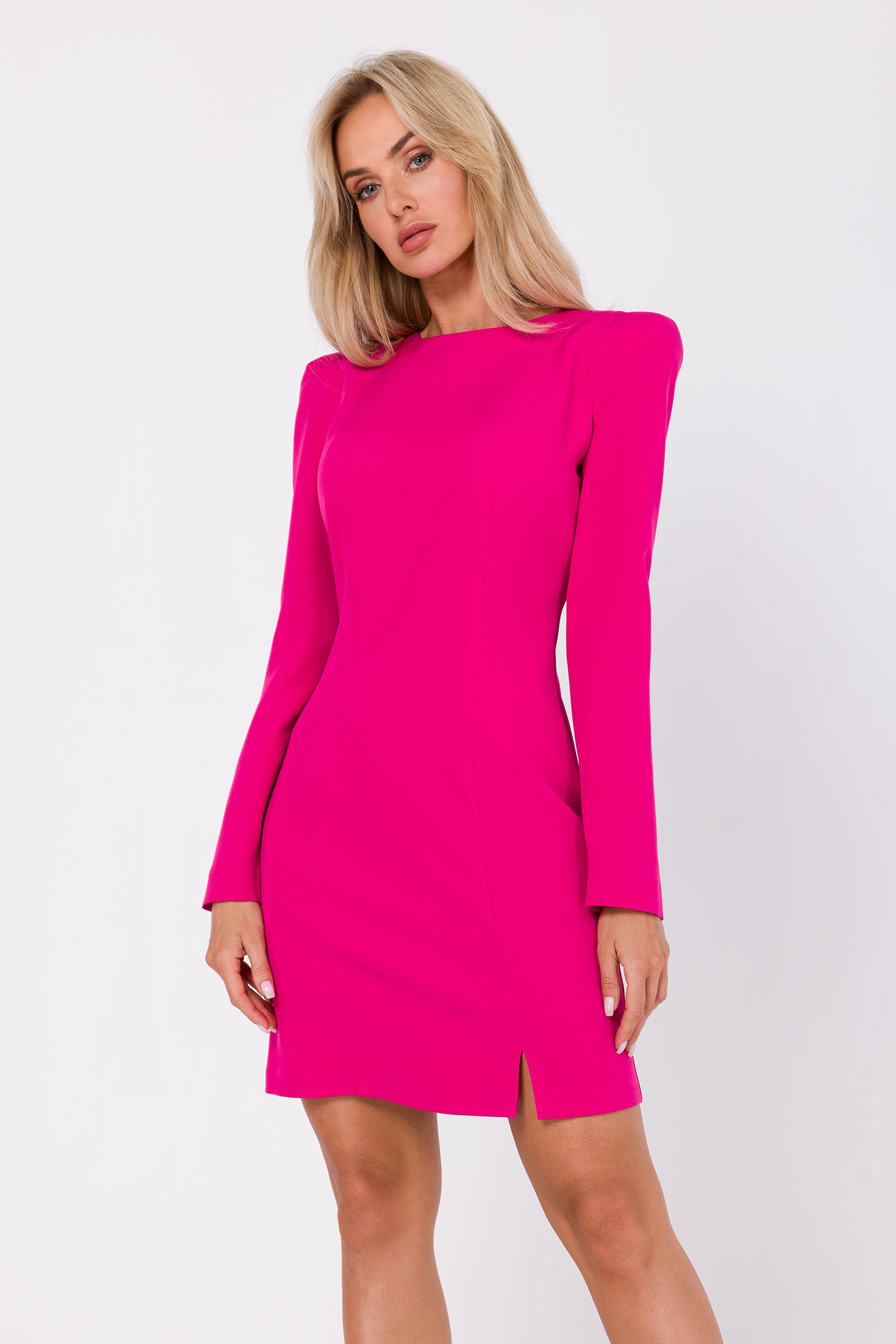 Upgrade your wardrobe with our long sleeve pink mini dress. Crafted from premium woven fabric, this sheath dress features front stitching, padded shoulders, and a hidden back zip. Elevate your style effortlessly. Shop now!