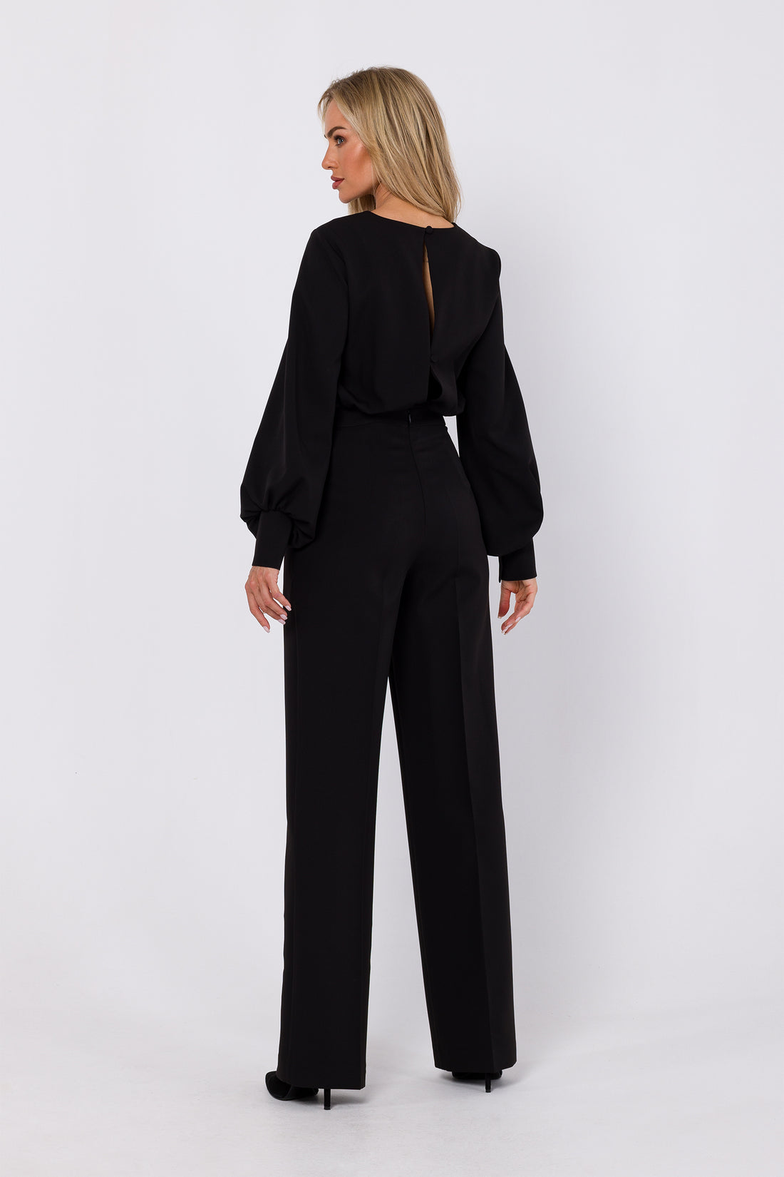 Long-sleeve Jumpsuit Elegance | Strictly In | Unveil timeless charm at every event this party season in our woven jumpsuit with bishop sleeves, crew neck, and wide-creased legs. Effortless sophistication for the modern woman.