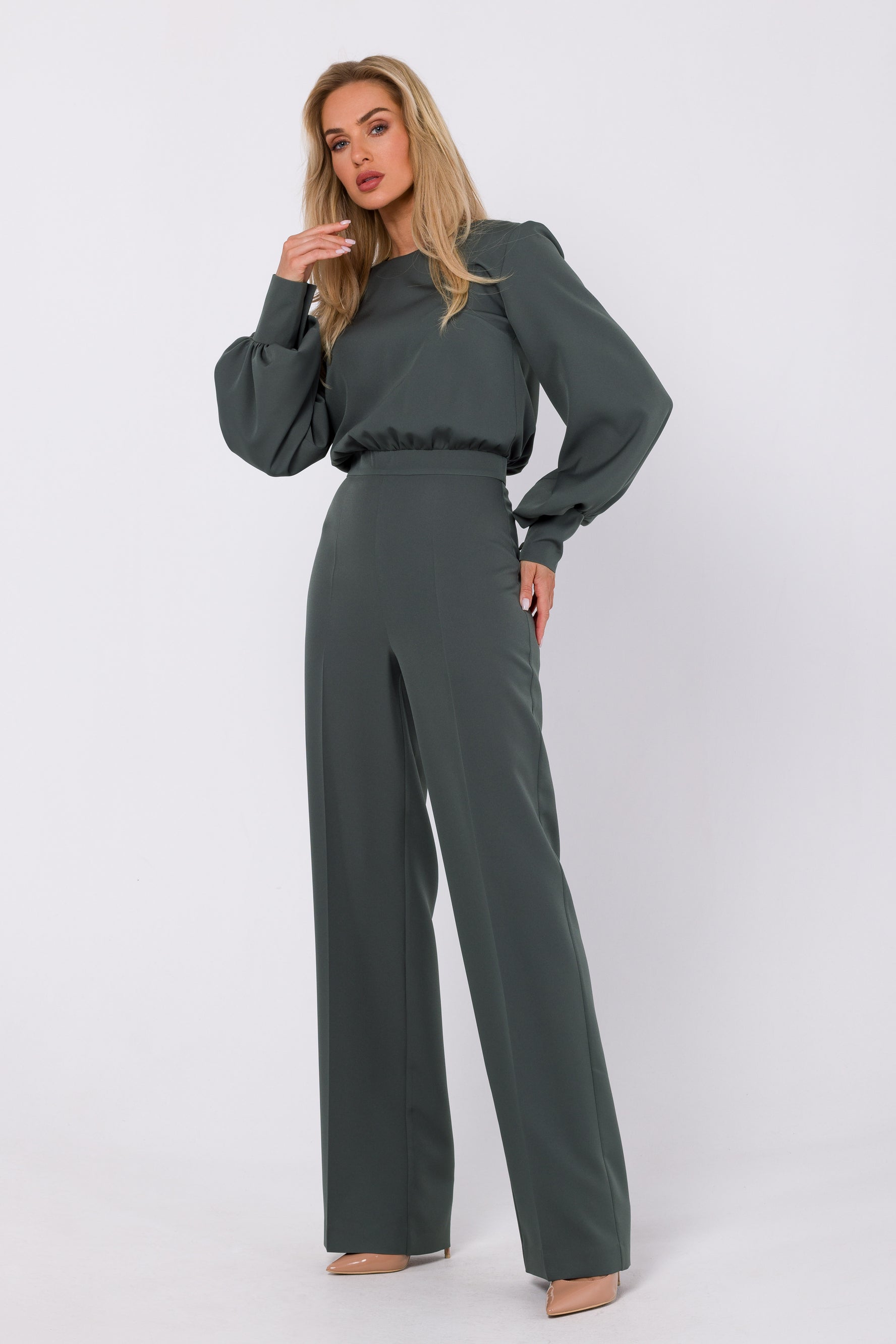 Long-sleeve Jumpsuit Elegance | Strictly In |Unveil timeless charm at every event this party season in our woven jumpsuit with bishop sleeves, crew neck, and wide creased legs. Effortless sophistication for the modern woman.