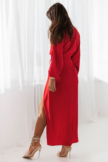 Long Sleeve Maxi Dress Leg Slit Red