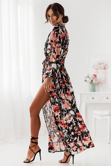 Long Sleeve Floral Maxi Dress Leg Slit