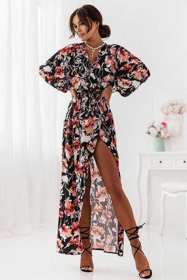 Long Sleeve Floral Maxi Dress Leg Slit