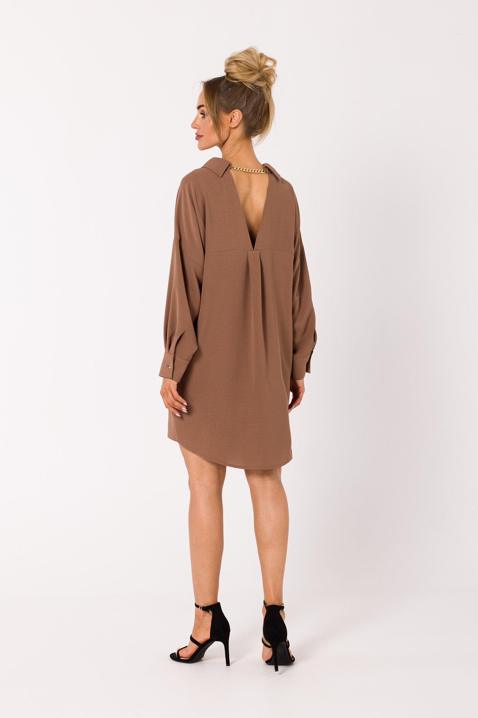 Mini Shirt Dress with Collar And Chain Brown