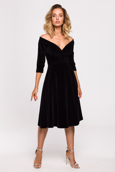 Off Shoulder Midi Velvet Dress | Strictly In | Black