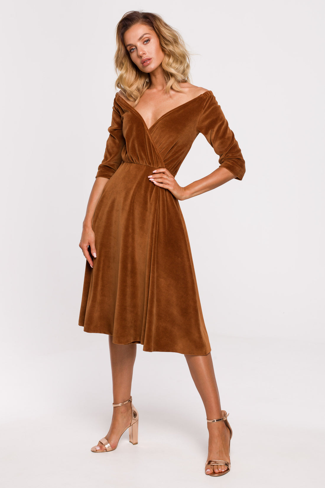 Off Shoulder Midi Velvet Dress for Holiday Glam | Strictly In | Caramel Brown