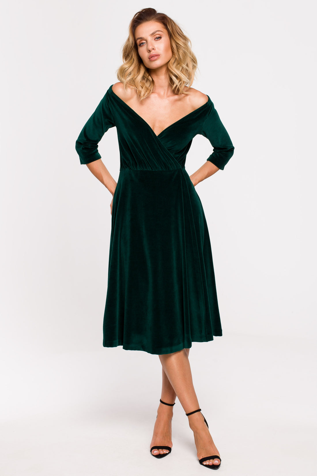 Off Shoulder Midi Velvet Dress for Holiday Glam | Strictly In | Green Velvet