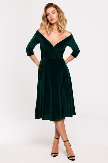 Off Shoulder Midi Velvet Dress for Holiday Glam | Strictly In | Green Velvet