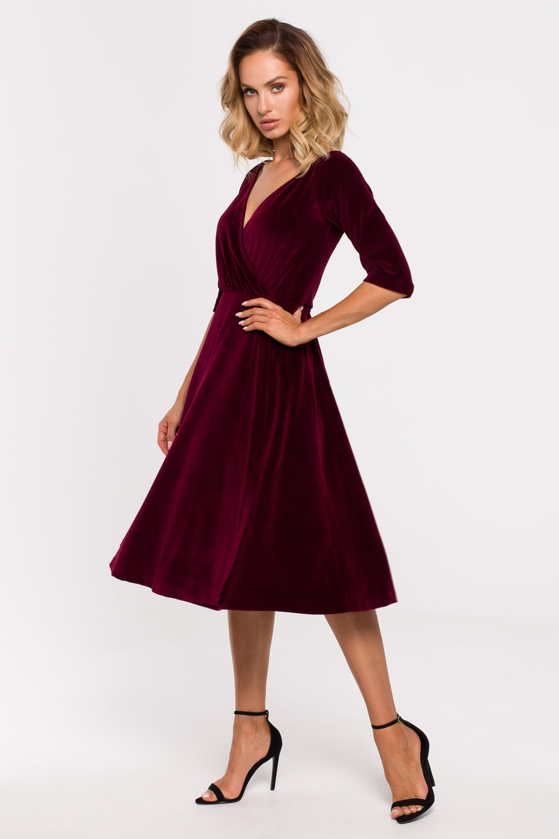 Off Shoulder Midi Velvet Dress for Holiday Glam | Strictly In | Wine Red