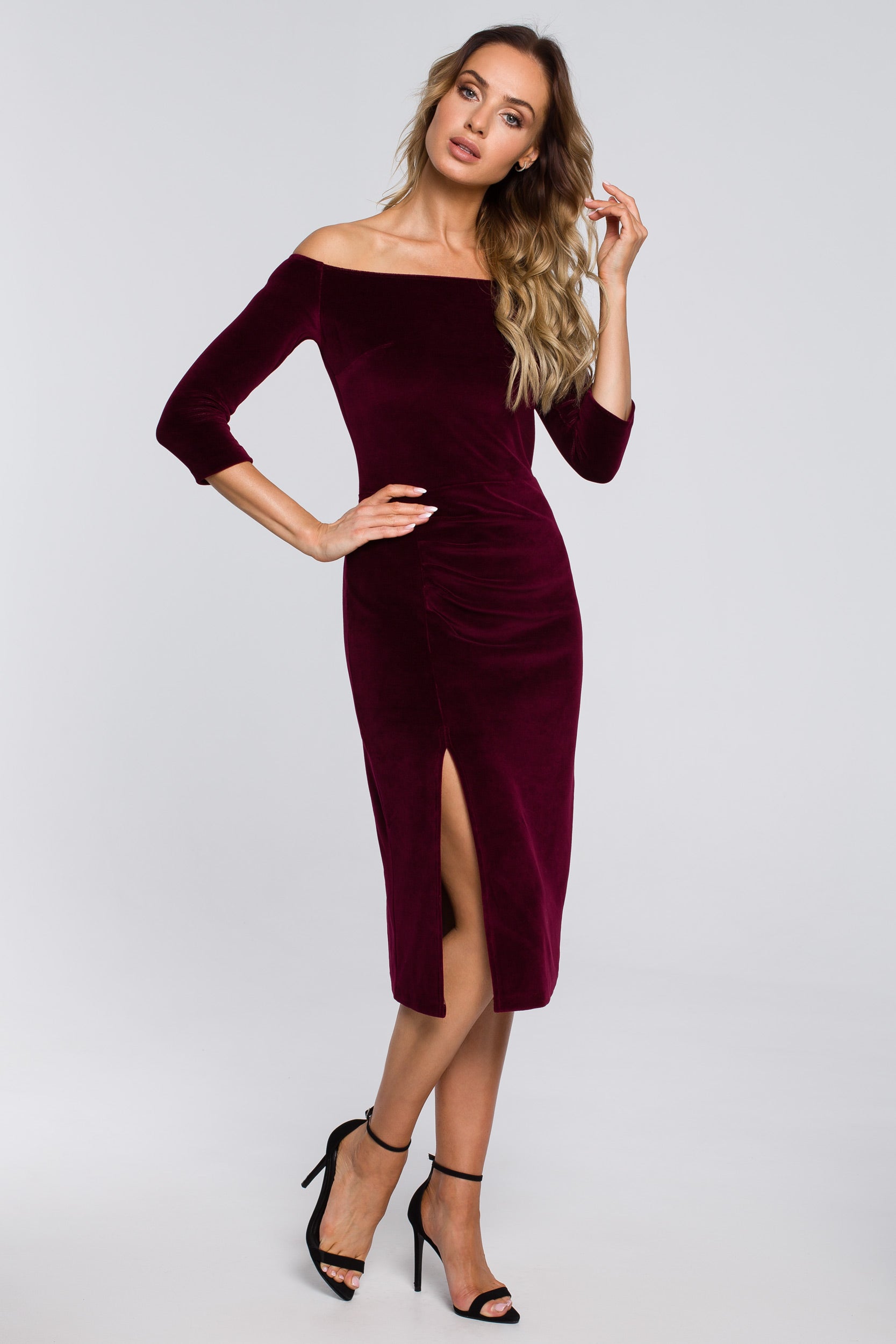 Off Shoulder Velvet Bodycon Dress with Slit | Strictly In | Unleash allure in our off-shoulder bodycon dress. Crafted from plush velvet with a high leg split, it's your key to a mysterious and captivating presence in the party season.