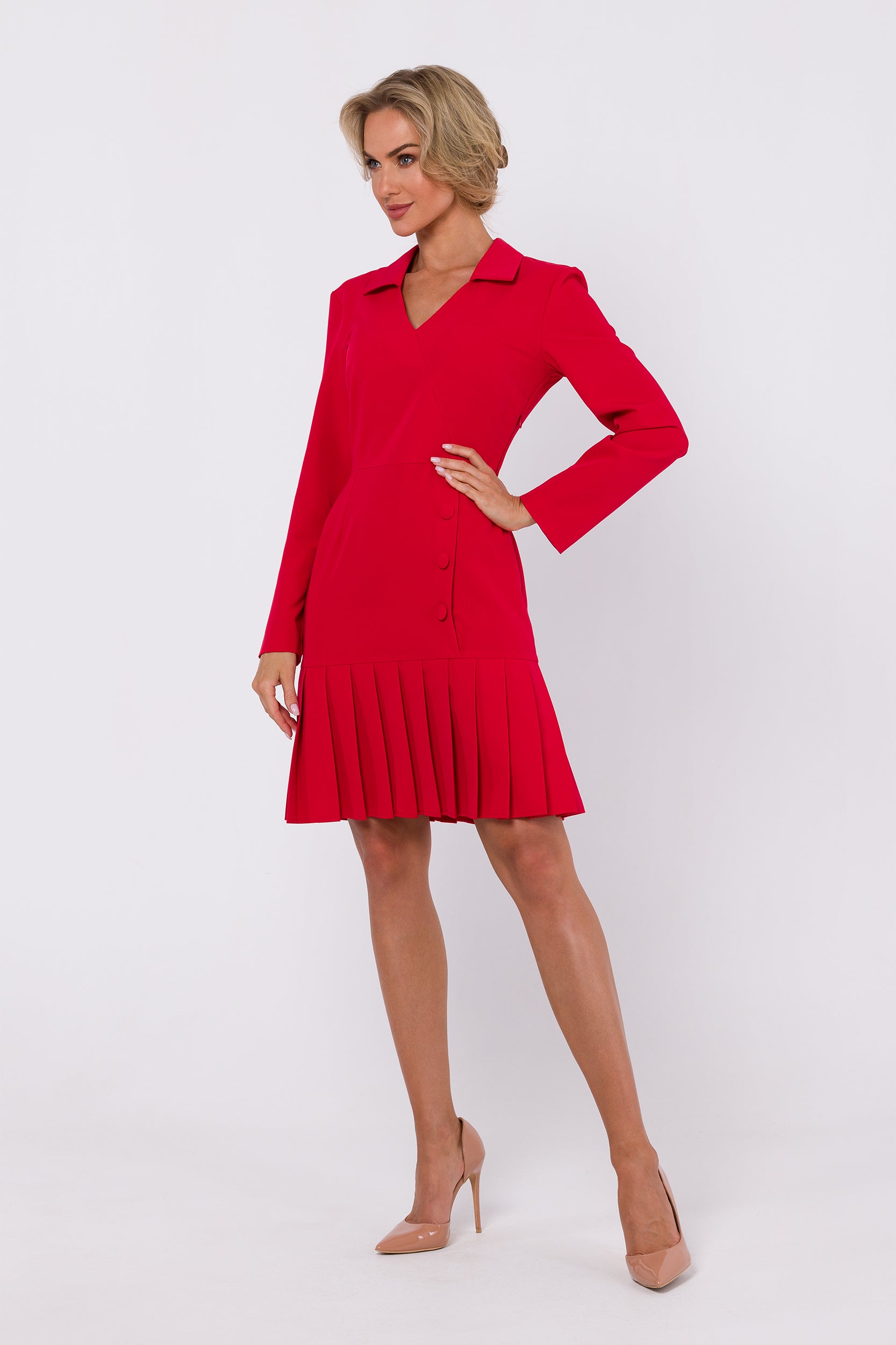 Felicity Pleated Hem Mini Dress | Strictly In | Embrace the festive vibe with Felicity, a sheath dress featuring a pleated hem, V-neckline, and decorative buttons. Chic, playful, and effortlessly stylish.
