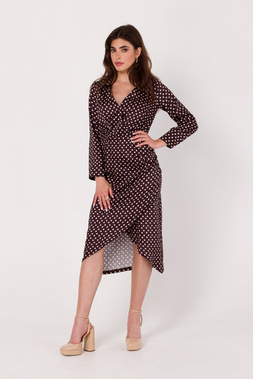 Polka Dot Wrap Midi Dress | Strictly In | Embrace timeless elegance in our Polka Dot Wrap Midi Dress. Made from satin, featuring an asymmetric skirt and playful polka dots, it's the perfect choice for a versatile, stylish look.