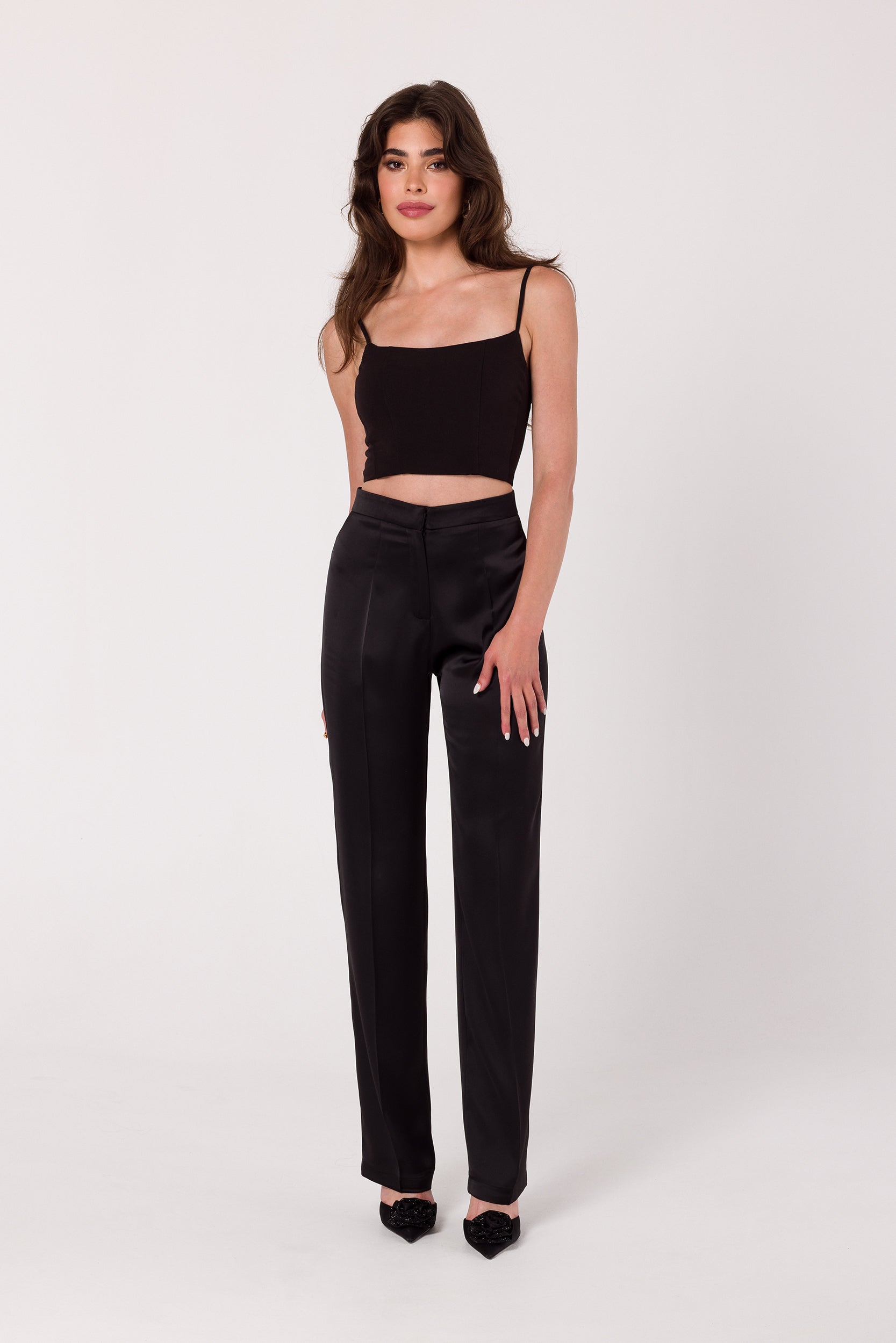 Straight Leg Black Satin Trousers | Strictly In | Discover the allure of woven satin in our straight-leg trousers. Effortlessly chic, these pants feature a front zip for a polished finish. Perfect for versatile styling, day or night.