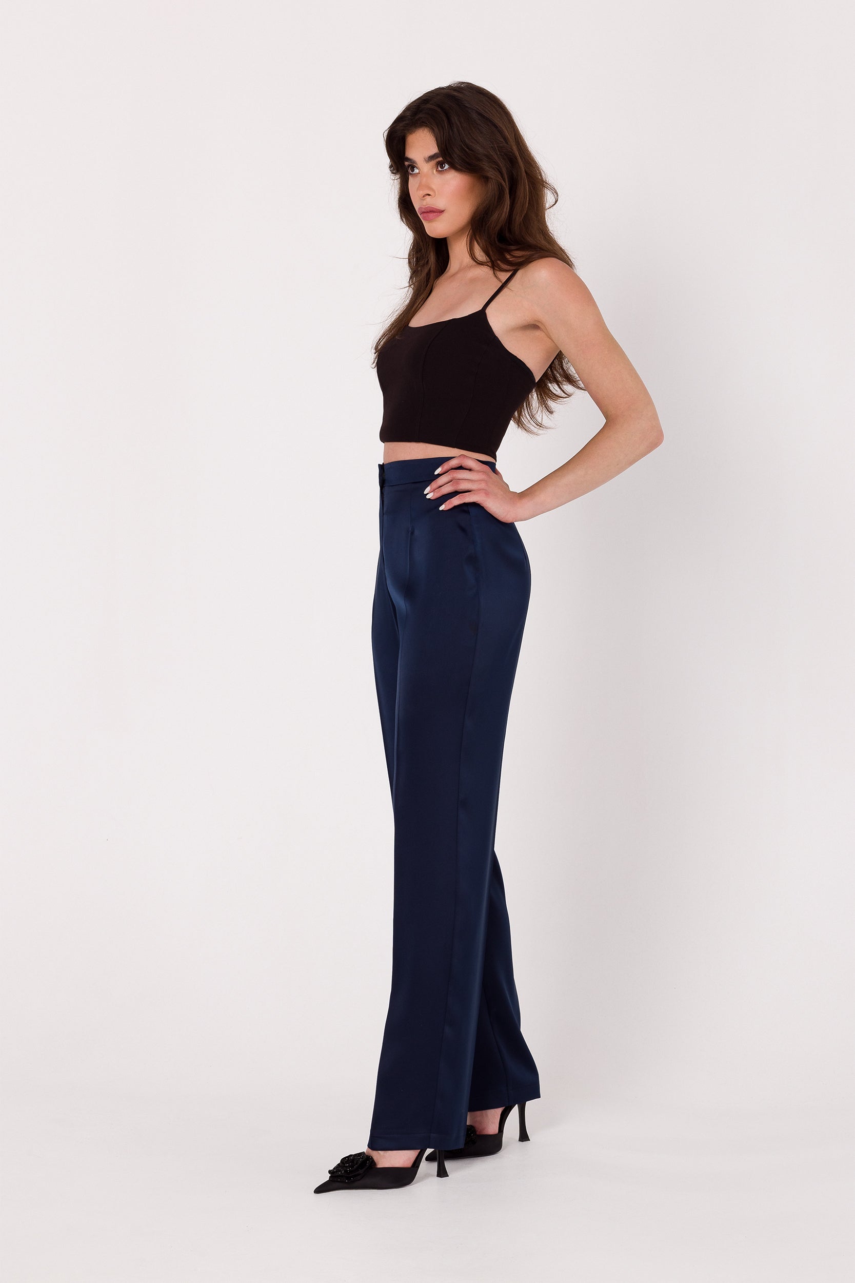 Straight Leg Satin Trousers | Strictly In | Discover the allure of woven satin in our straight-leg trousers. Effortlessly chic, these pants feature a front zip for a polished finish. Perfect for versatile styling, day or night.