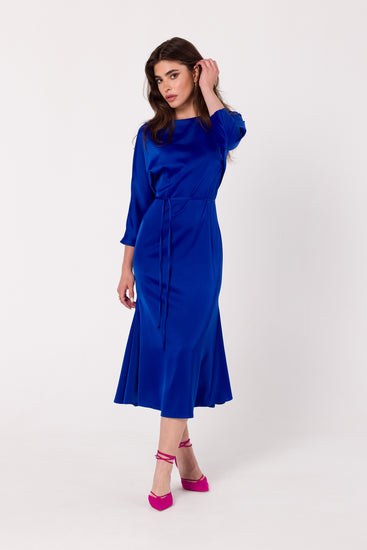 Tie-Waist Midi Satin Dress | Strictly In | Embrace the party season in style with our midi satin dress featuring three-quarter sleeves, a tied waist, and a hidden back zip for a classic, refined look.
