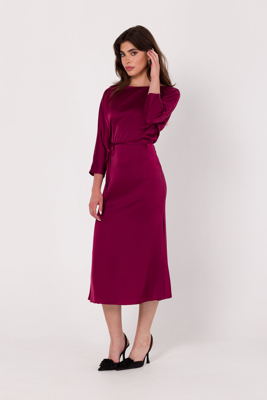 Tie-Waist Midi Satin Dress | Strictly In | Embrace the party season in style with our midi satin dress featuring three-quarter sleeves, a tied waist, and a hidden back zip for a classic, refined look.