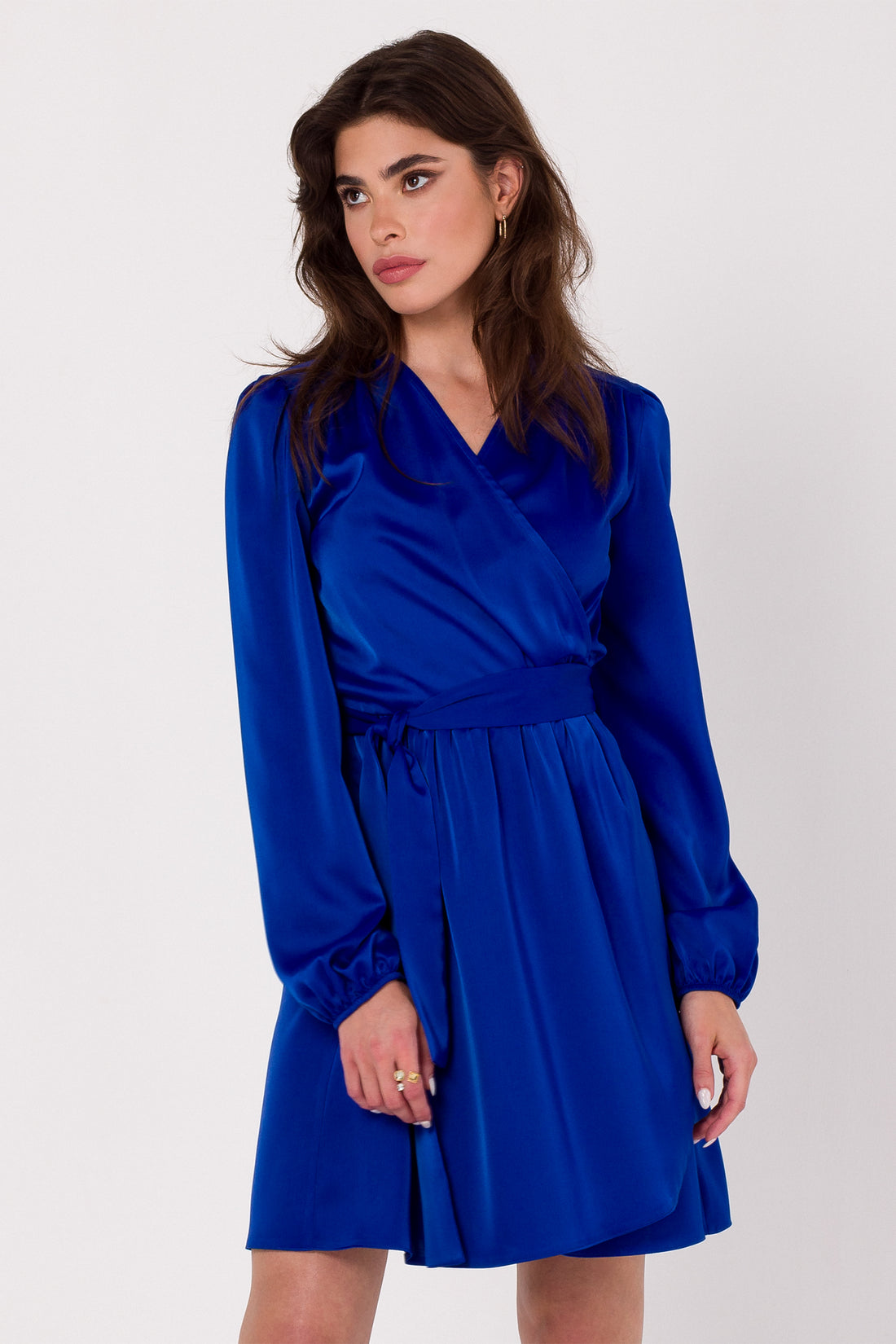 Tie-Waist Wrap Mini Satin Dress | Strictly In | Elevate your party style with our Satin Tie-Waist Wrap Mini Dress. Crafted in smooth satin, it features a flattering wrap design with a tie detail, long sleeves, and a playful mini length.
