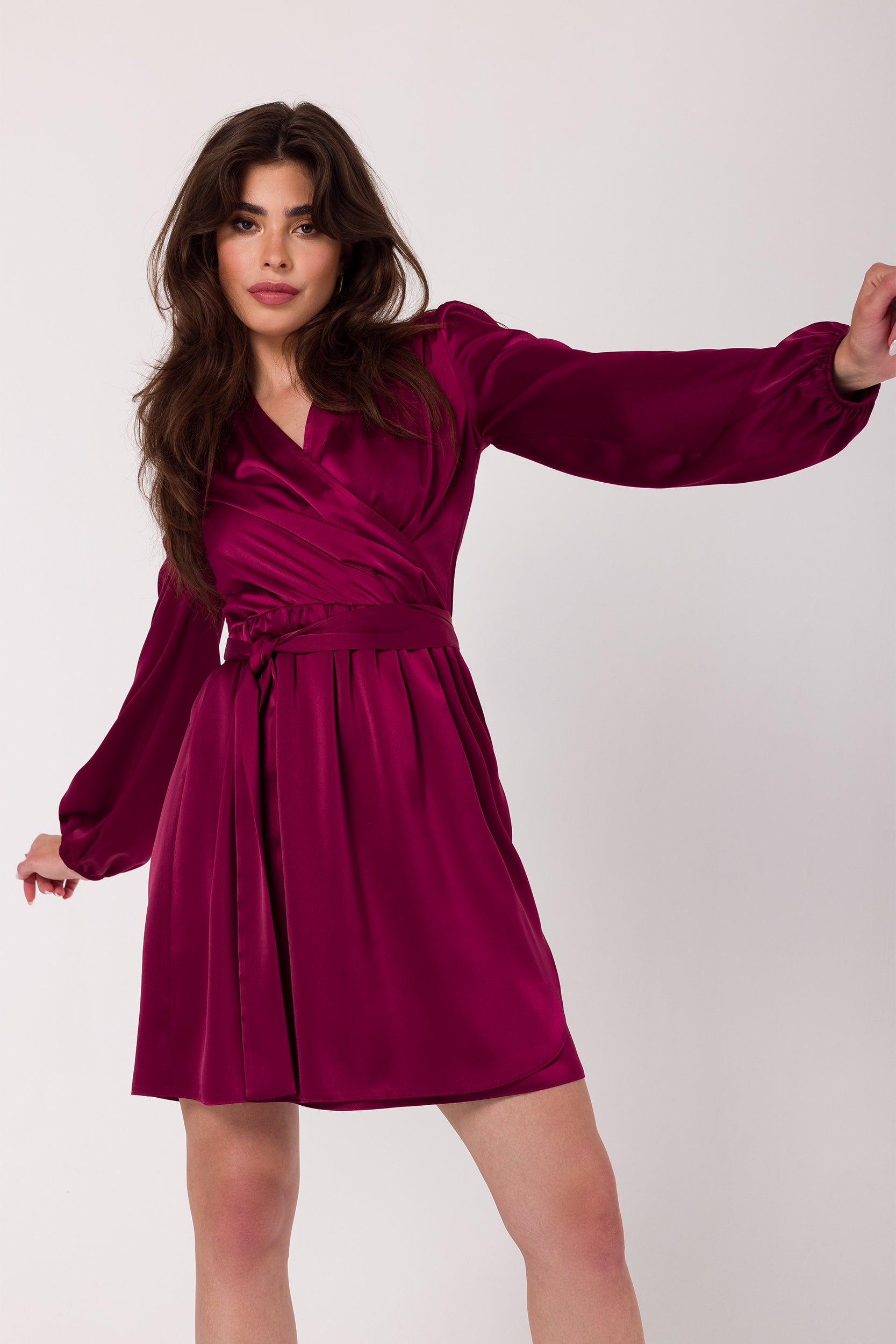 Tie-Waist Wrap Mini Satin Dress | Strictly In | Elevate your party style with our Satin Tie-Waist Wrap Mini Dress. Crafted in smooth satin, it features a flattering wrap design with a tie detail, long sleeves, and a playful mini length.
