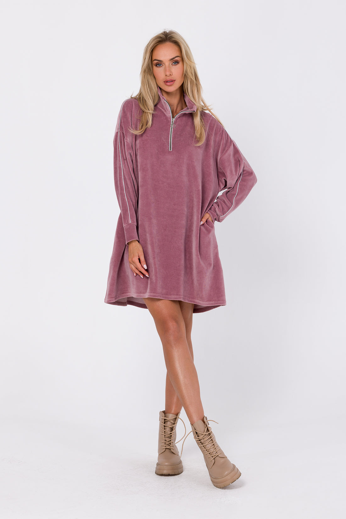 Velvet Edge Dress | Strictly In | Indulge in the allure of our Velvet Edge Dress – an 80% velvet-knit cotton with a zipped high collar, decorative piping, and a high-low hem, this dress is a modern statement in comfort and chic design.