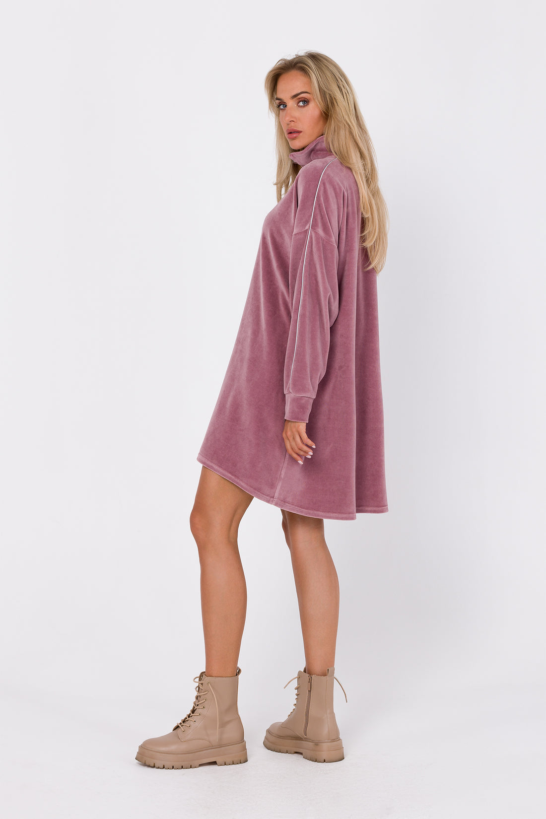 Velvet Edge Dress | Strictly In | Indulge in the allure of our Velvet Edge Dress – an 80% velvet-knit cotton with a zipped high collar, decorative piping, and a high-low hem, this dress is a modern statement in comfort and chic design.