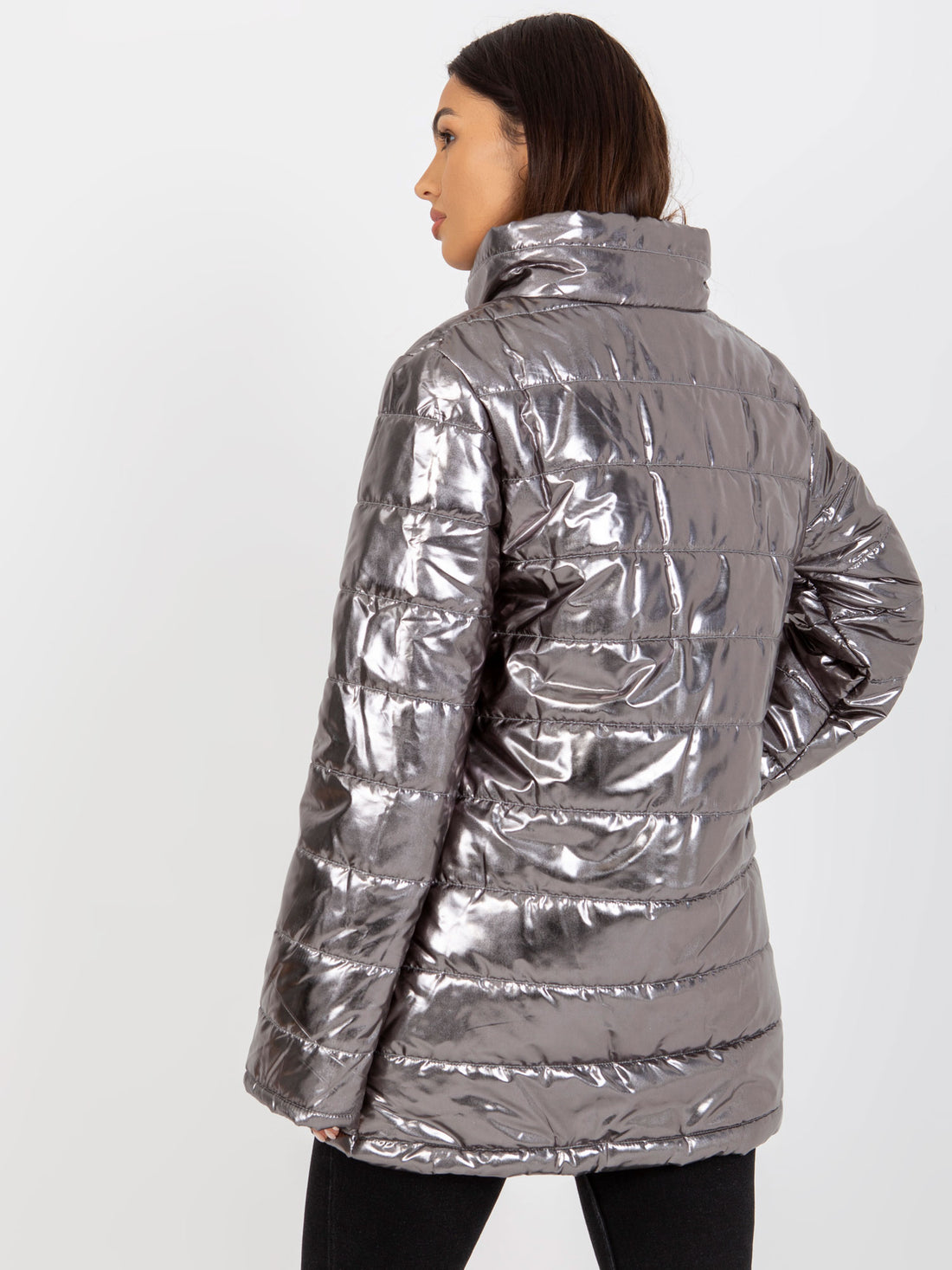 Metallic Silver Puffer Jacket with Pockets