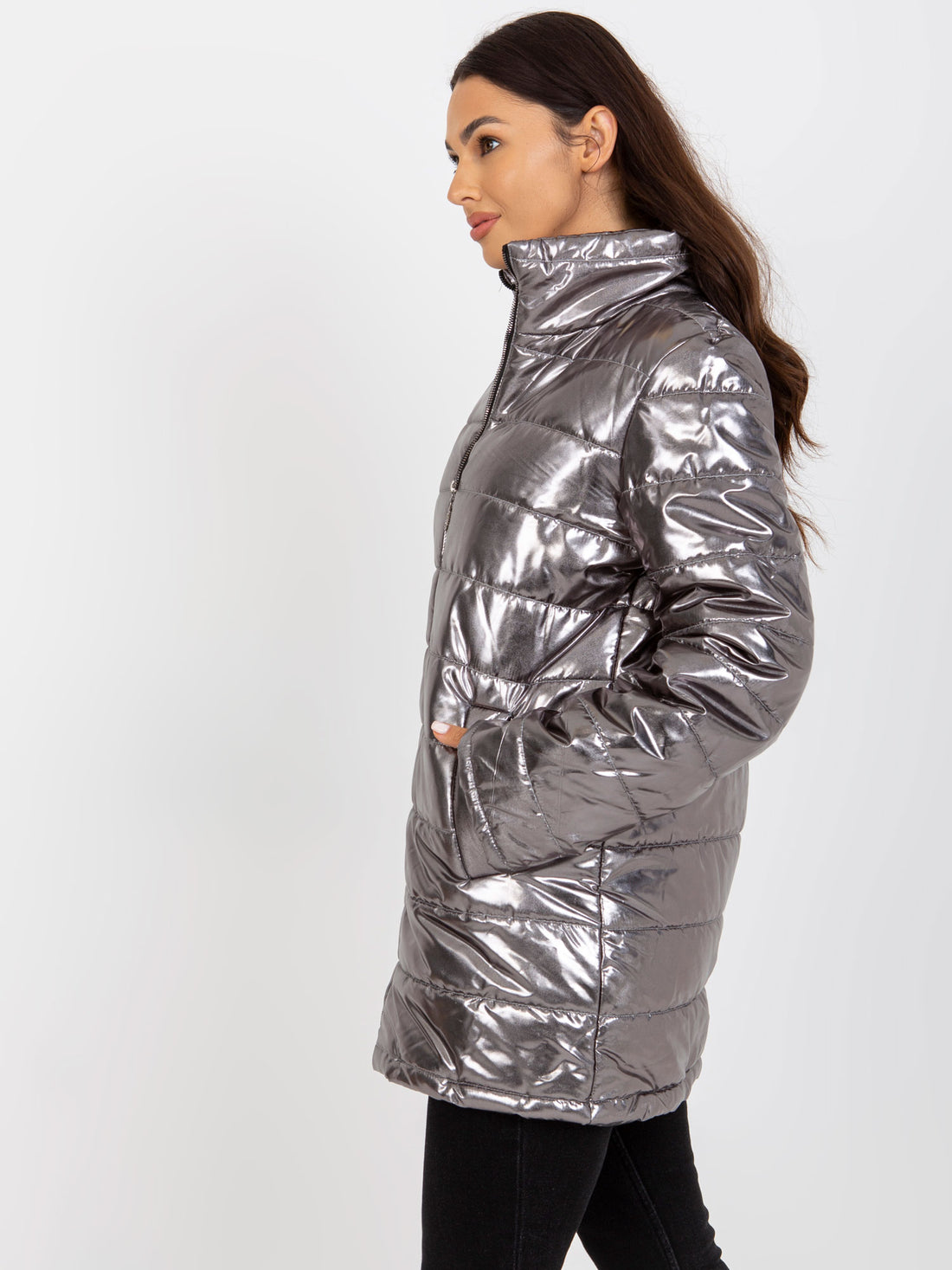 Metallic Silver Puffer Jacket with Pockets