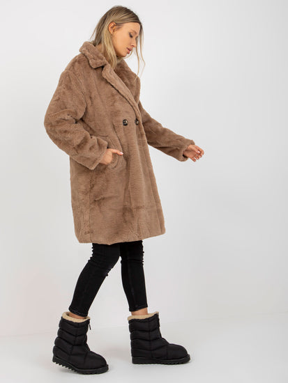 Faux Fur Teddy Coat Brown Beige with Collar and Buttons