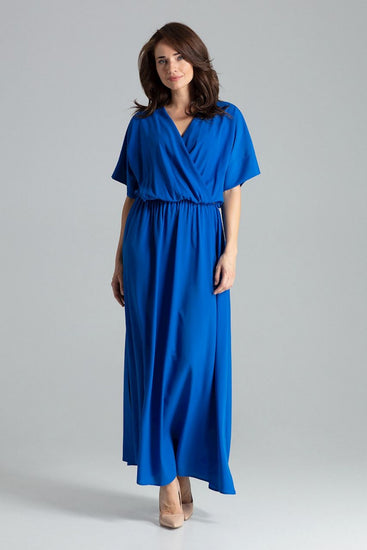 Blue maxi dress with short kimono sleeves, elastic band at the waist, and side slits.