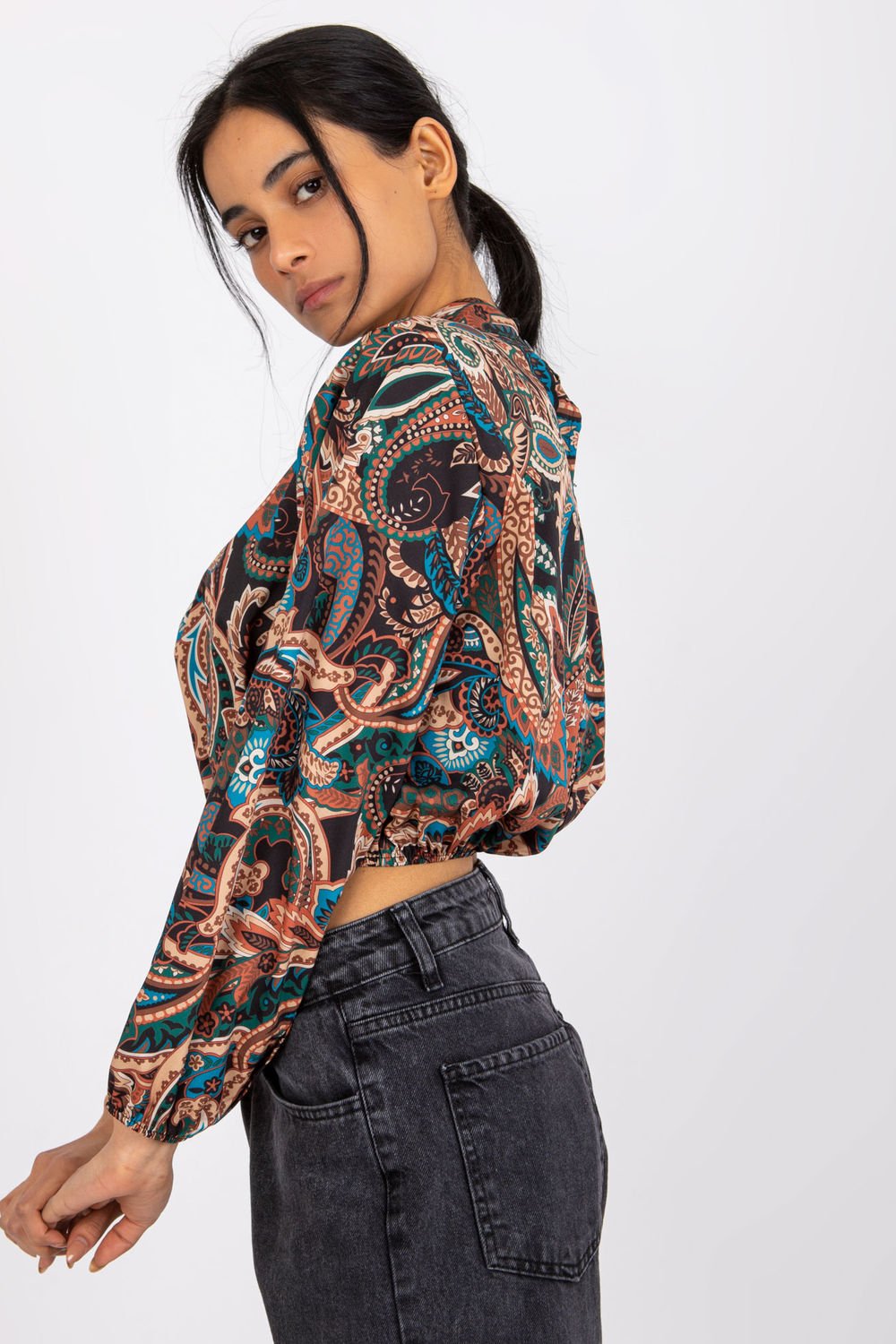 Long Sleeve Paisley Cropped Top