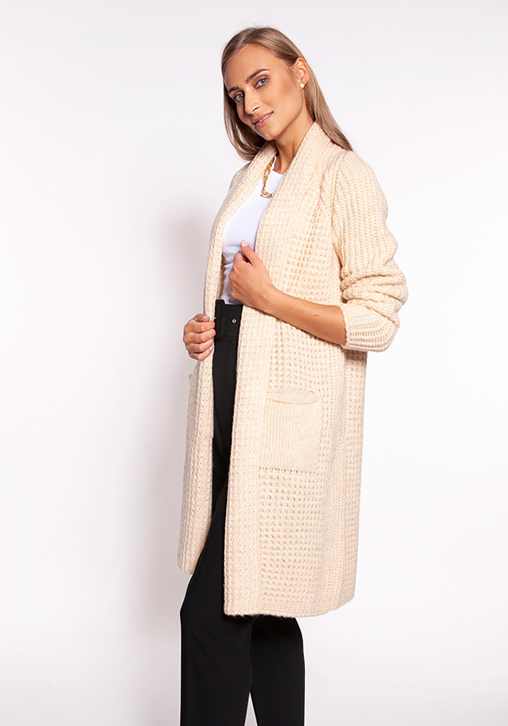 Long Open Knit Cardigan with Front Pockets