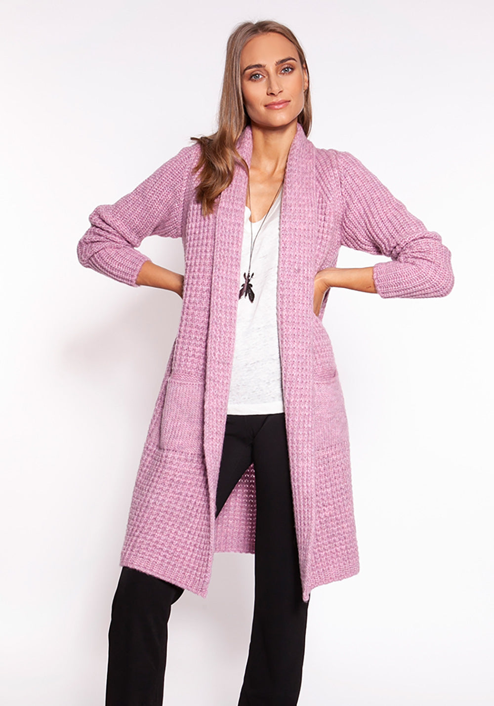 Long Open Knit Cardigan with Front Pockets