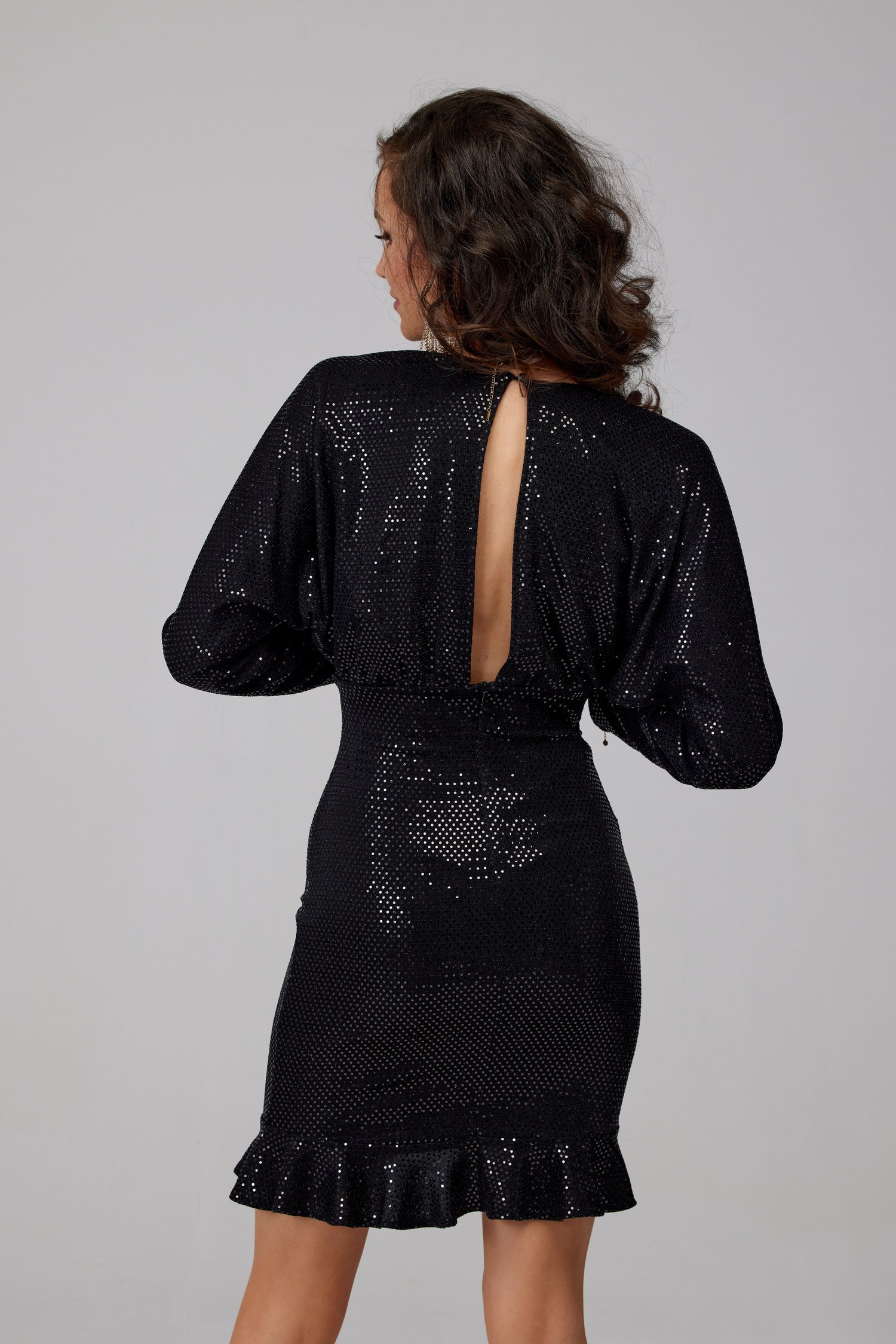 Black Glitter Mini Dress with Long Sleeves