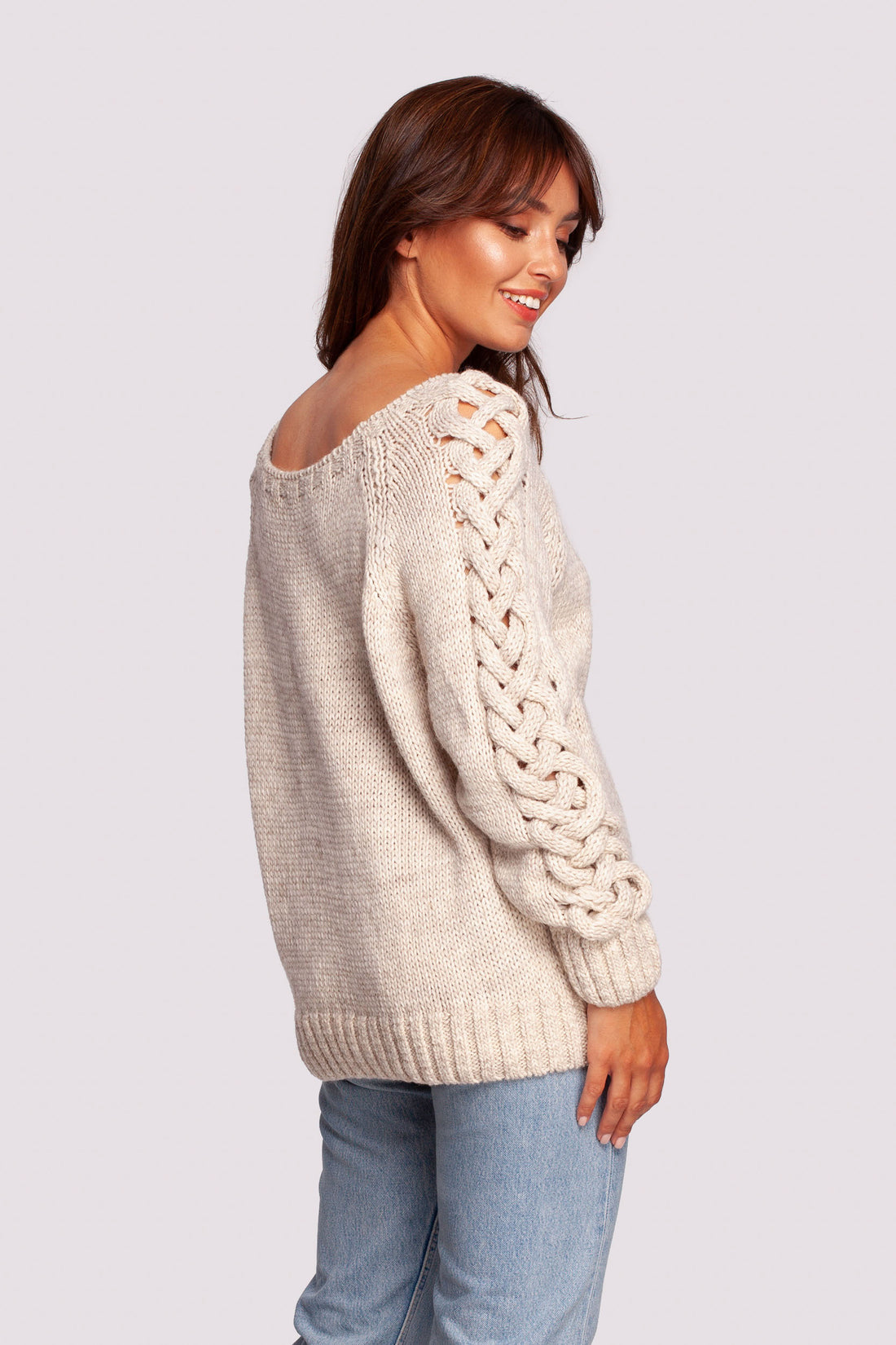 Chunky Open-Knit Sleeve Sweater Beige