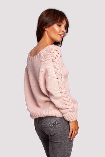 Chunky Open-Knit Sleeve Sweater Pink