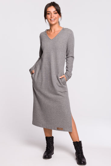 Cotton Maxi Hooded Dress Grey