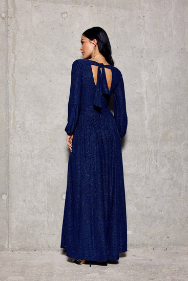 Blue Glitter Maxi Dress Leg Slit Plus Sizes - Gown