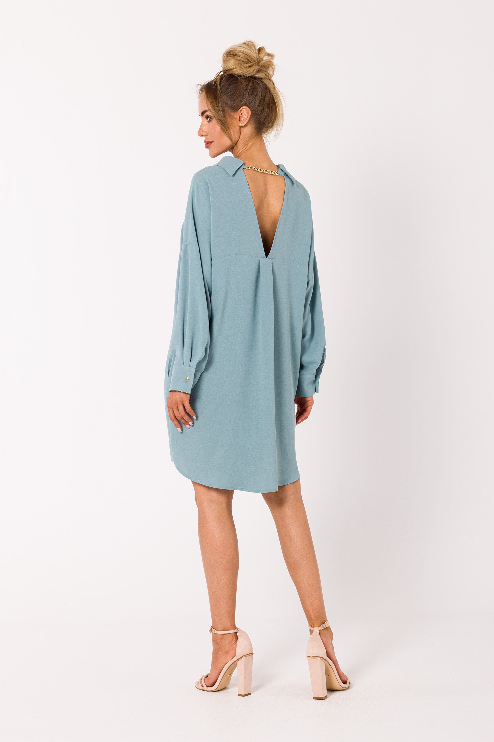 Mini Shirt Dress with Collar And Chain Pastel Blue